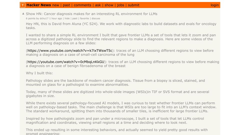 Screenshot of Hacker News post: Show HN: Cancer diagnosis makes for an interesting RL environment for LLMs
