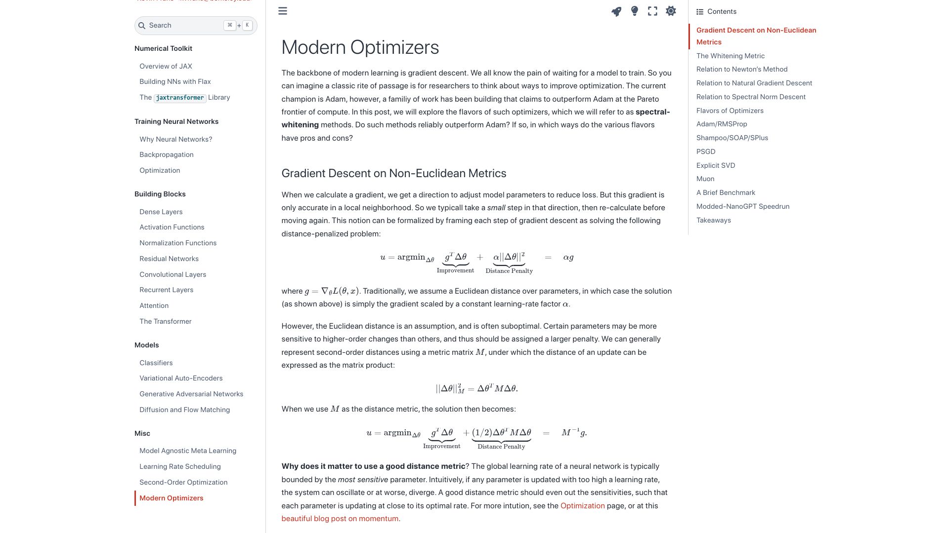 Screenshot of notes.kvfrans.com: Modern Optimizers – An Alchemist's Notes on Deep Learning