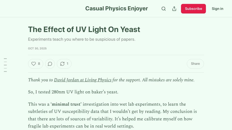Screenshot of chillphysicsenjoyer.substack.com: Blasting Yeast with UV Light