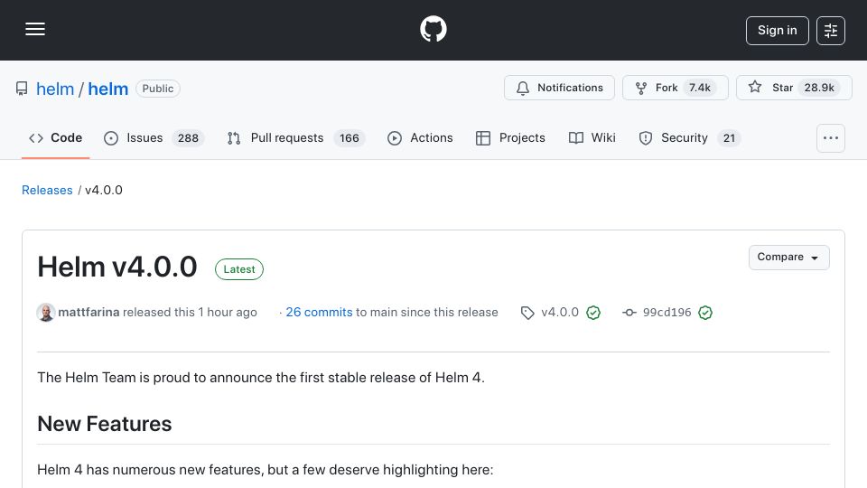 Screenshot of github.com: Helm 4.0