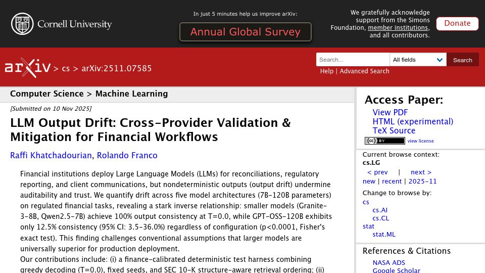 Screenshot of arxiv.org: LLM Output Drift in Financial Workflows: Validation and Mitigation (arXiv)