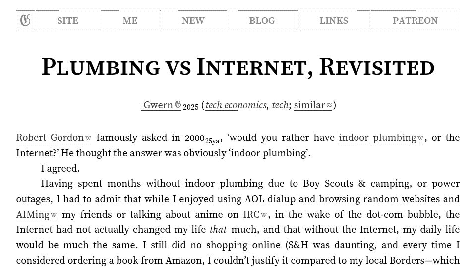 Screenshot of gwern.net: Plumbing vs. Internet, Revisited