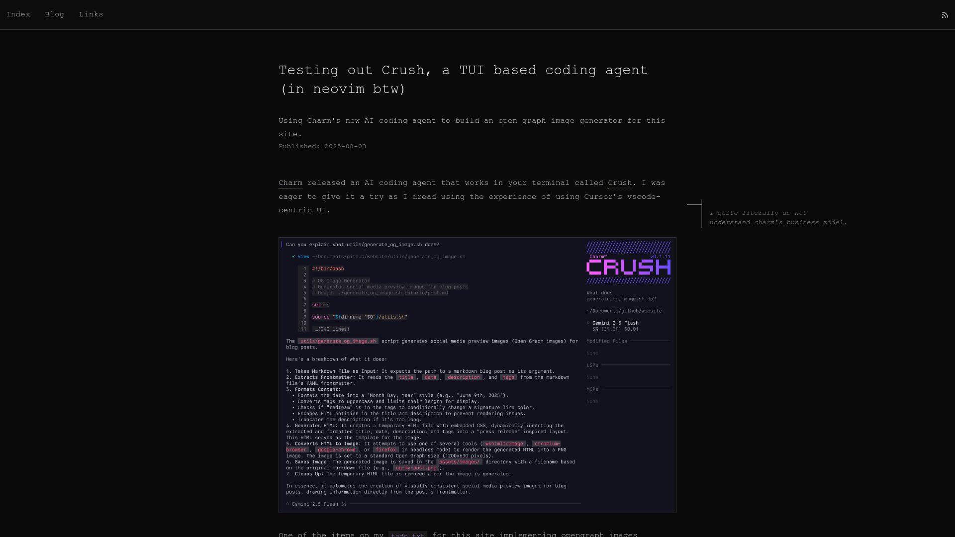 Screenshot of grahamhelton.com: Testing out Crush, a TUI based coding agent