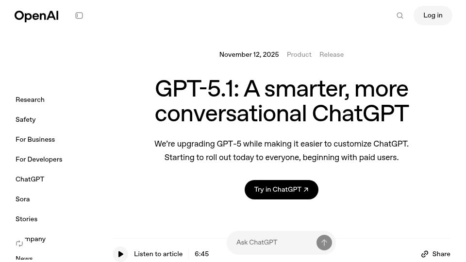 Screenshot of openai.com: GPT-5.1: A smarter, more conversational ChatGPT