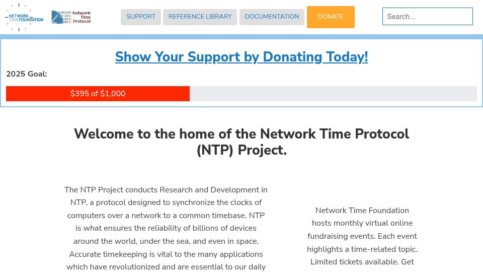 Screenshot of ntp.org: Please donate to keep Network Time Protocol up – Goal 1k