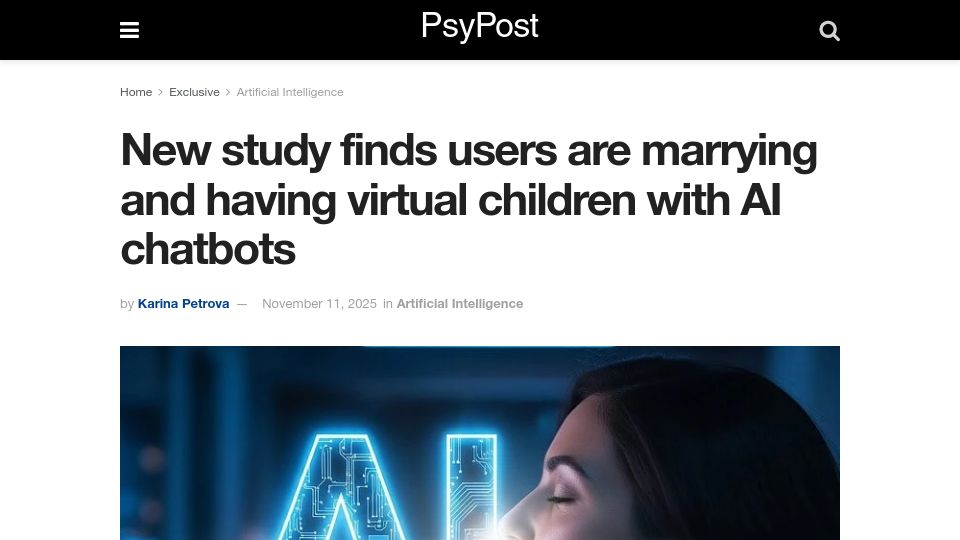 Screenshot of psypost.org: New study finds users are marrying and having virtual children with AI chatbots