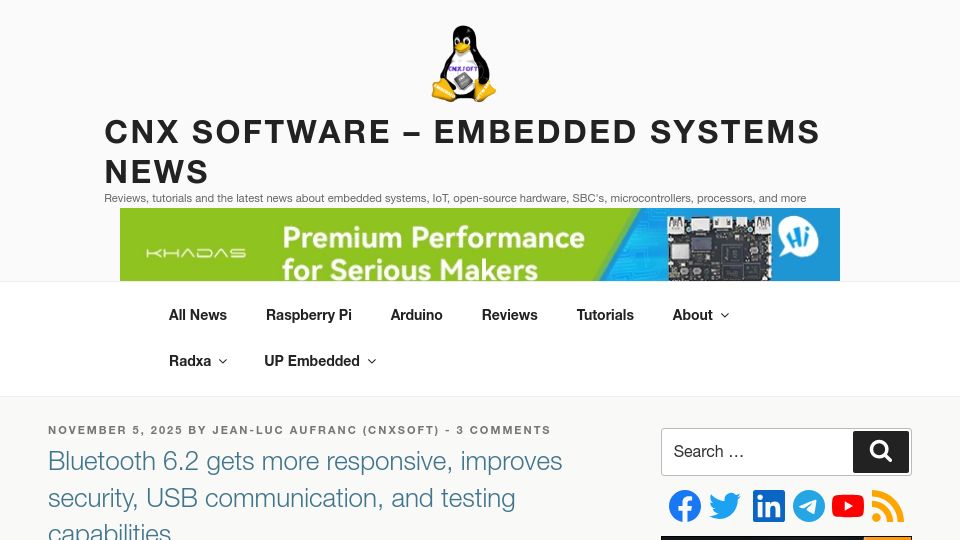 Screenshot of cnx-software.com: Bluetooth 6.2 – more responsive, improves security, USB comms, and testing