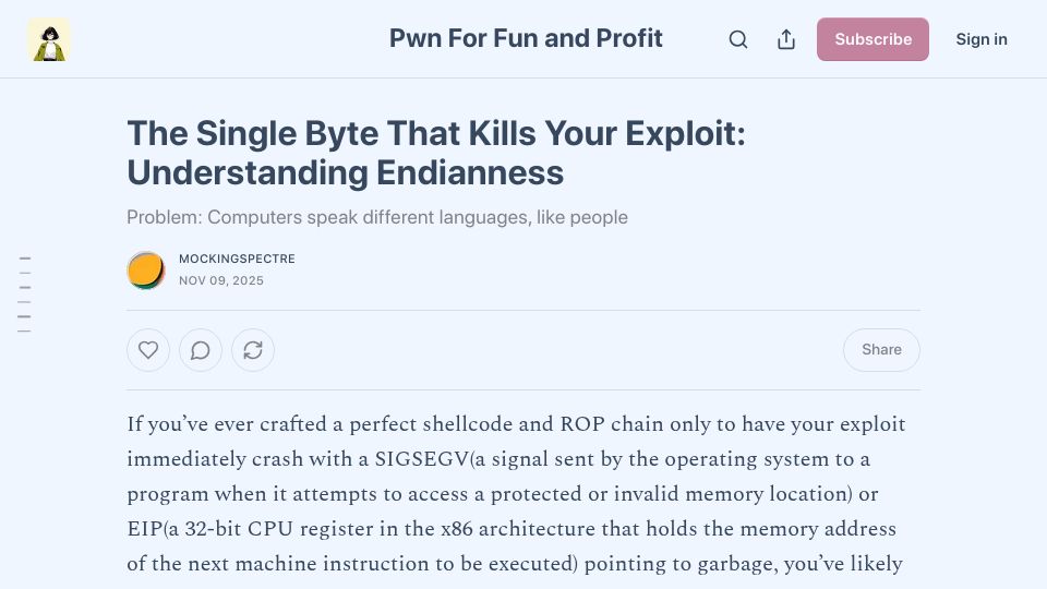 Screenshot of pwnforfunandprofit.substack.com: The Single Byte That Kills Your Exploit: Understanding Endianness