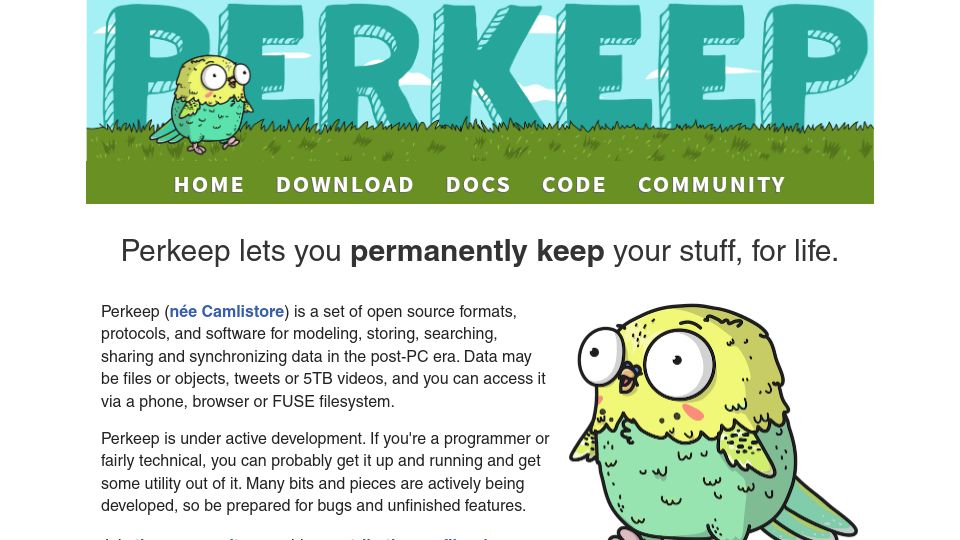 Screenshot of perkeep.org: Perkeep – Personal storage system for life