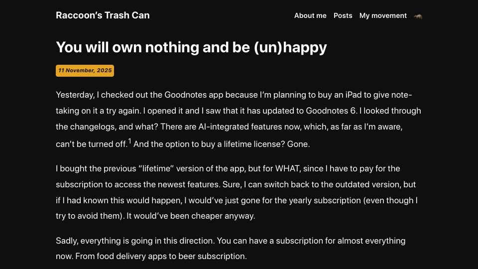 Screenshot of racc.blog: You will own nothing and be (un)happy