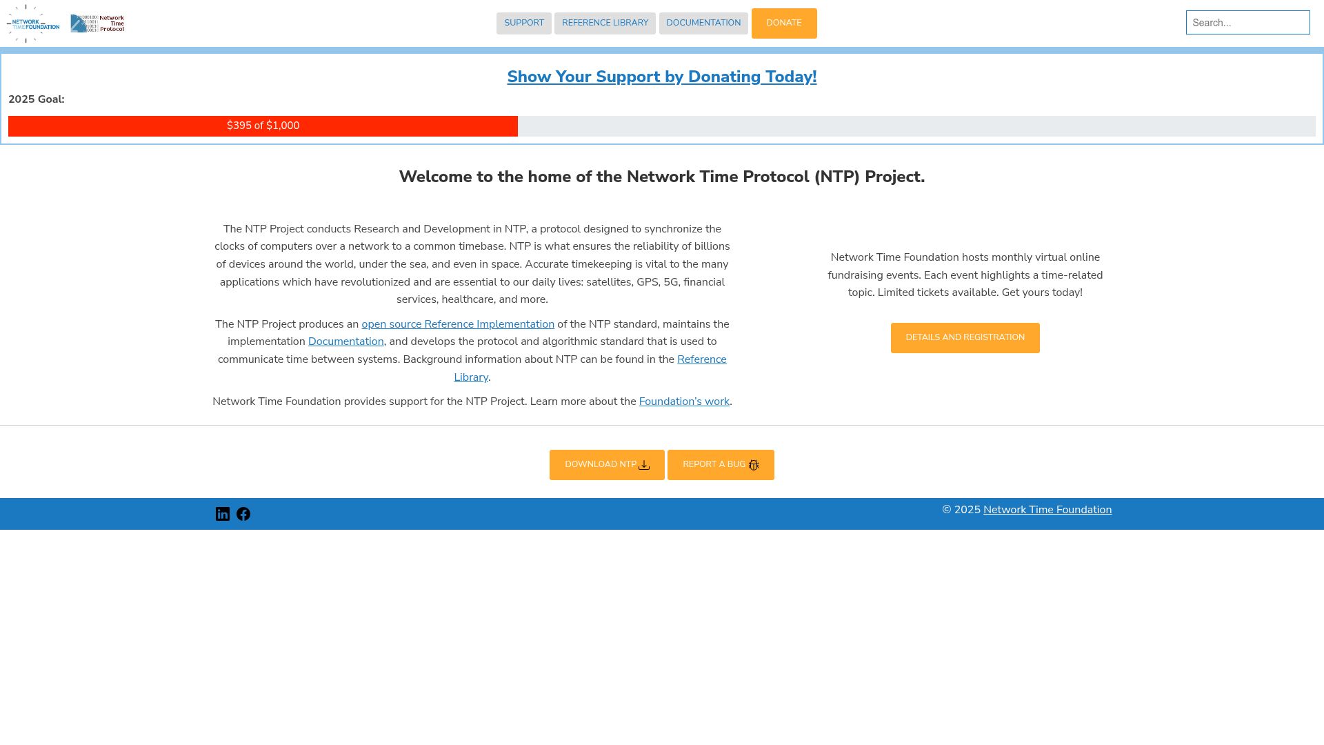 Screenshot of ntp.org: Please donate to keep Network Time Protocol up – Goal 1k