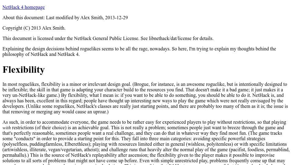 Screenshot of nethack4.org: NetHack4 Philosophy