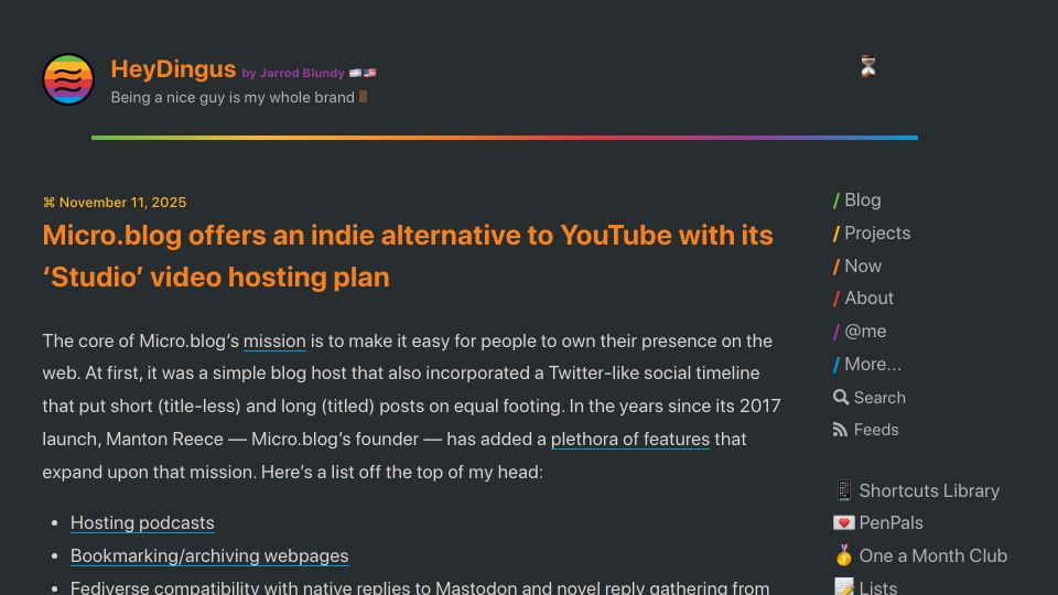 Screenshot of heydingus.net: Micro.blog launches new 'Studio' tier with video hosting