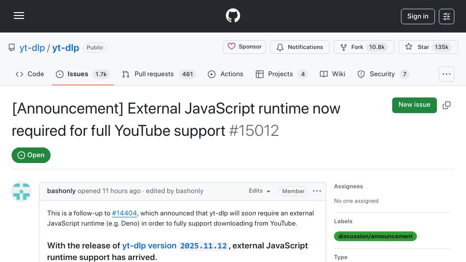 Screenshot of github.com: Yt-dlp: External JavaScript runtime now required for full YouTube support