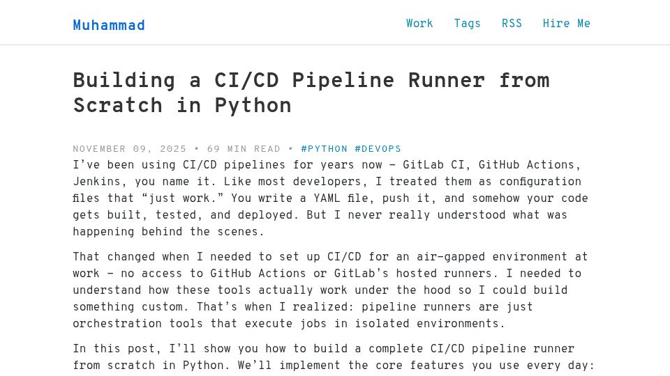 Screenshot of muhammadraza.me: Building a CI/CD Pipeline Runner from Scratch in Python