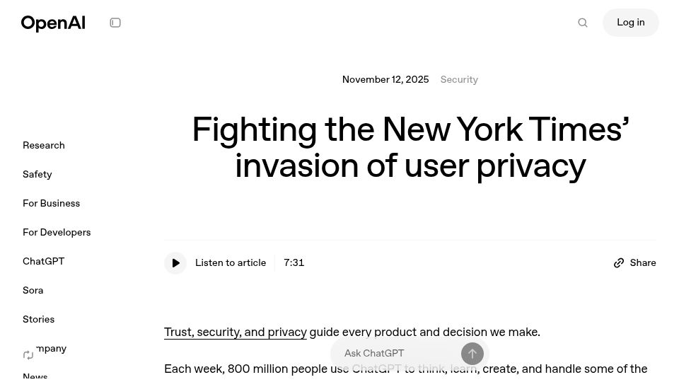 Screenshot of openai.com: Fighting the New York Times' invasion of user privacy