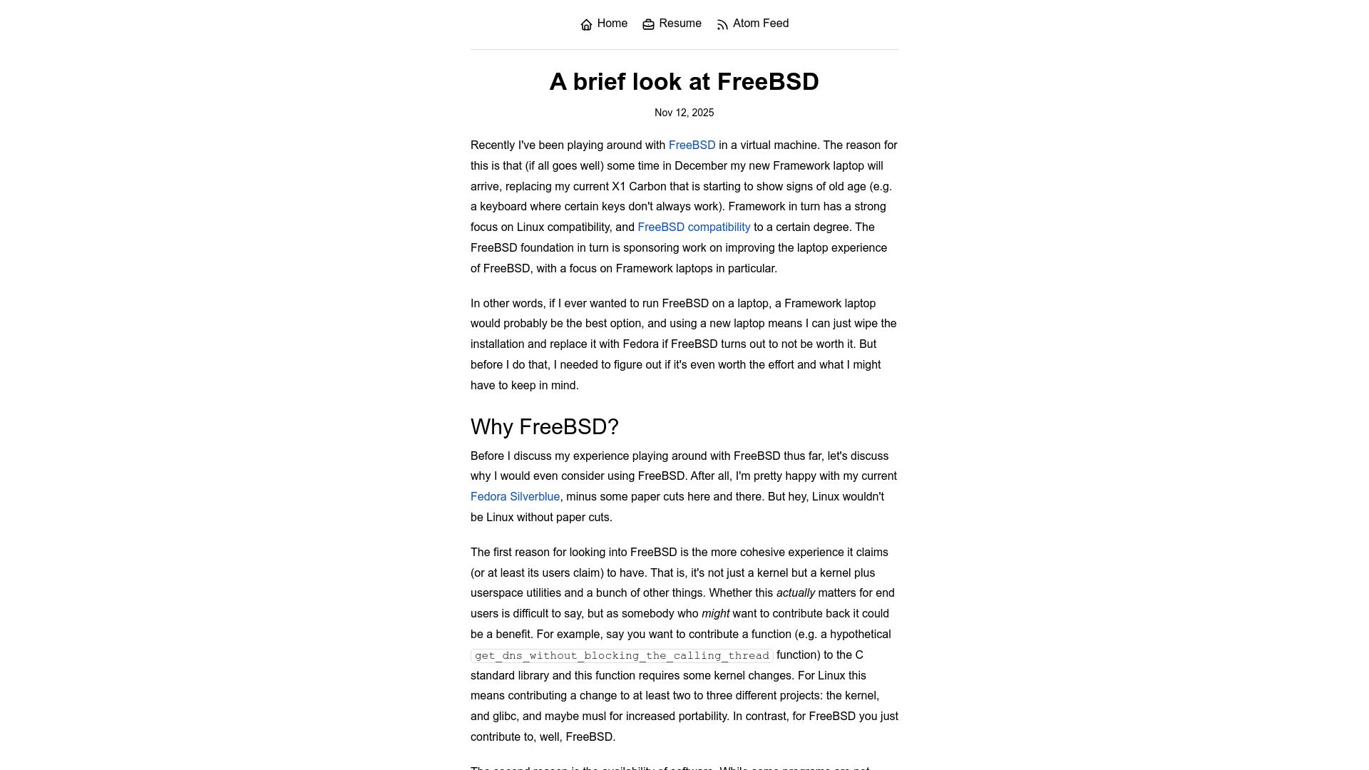 Screenshot of yorickpeterse.com: A brief look at FreeBSD