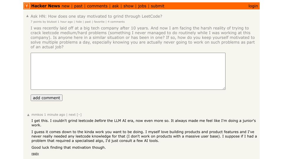 Screenshot of Hacker News post: Ask HN: How does one stay motivated to grind through LeetCode?