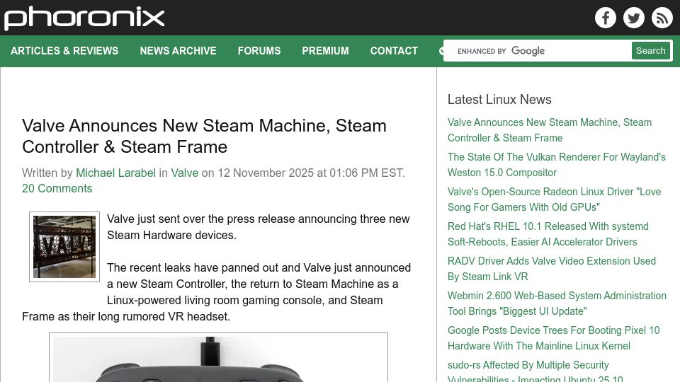 Screenshot of phoronix.com: Valve Announces New Steam Machine, Steam Controller and Steam Frame