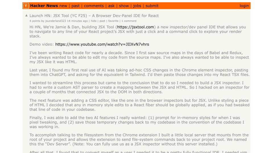 Screenshot of Hacker News post: Launch HN: JSX Tool (YC F25) – A Browser Dev-Panel IDE for React