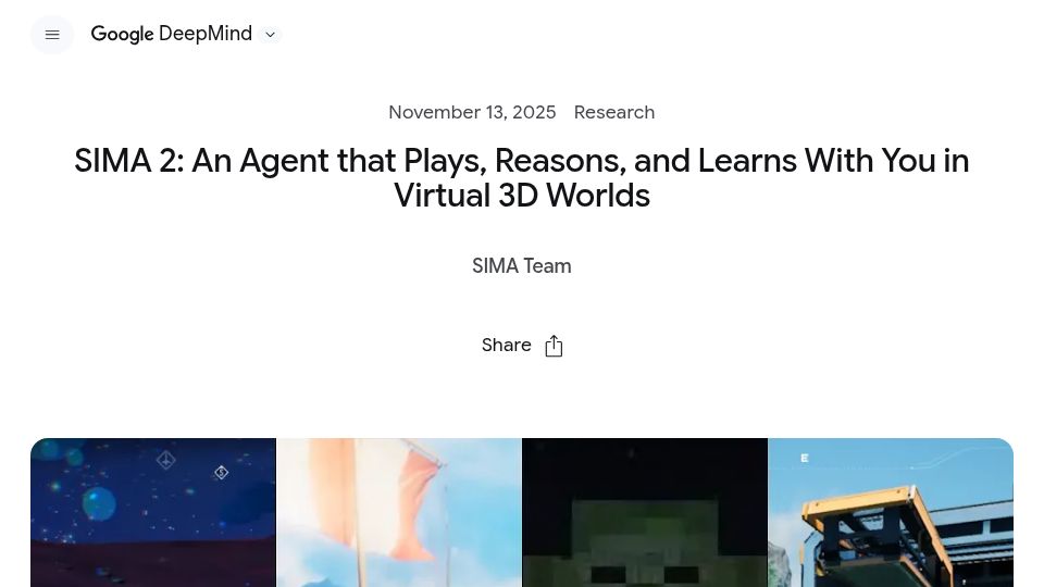 Screenshot of deepmind.google: SIMA 2: An agent that plays, reasons, and learns with you in virtual 3D worlds
