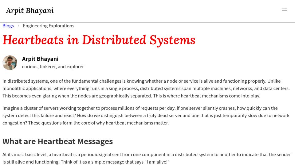 Screenshot of arpitbhayani.me: Heartbeats in Distributed Systems