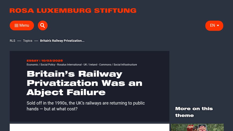 Screenshot of rosalux.de: Britain's railway privatization was an abject failure