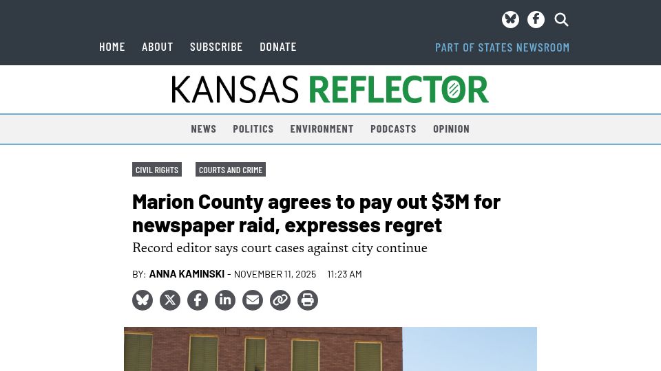 Screenshot of kansasreflector.com: Marion County agrees to pay out $3M for newspaper raid, expresses regret