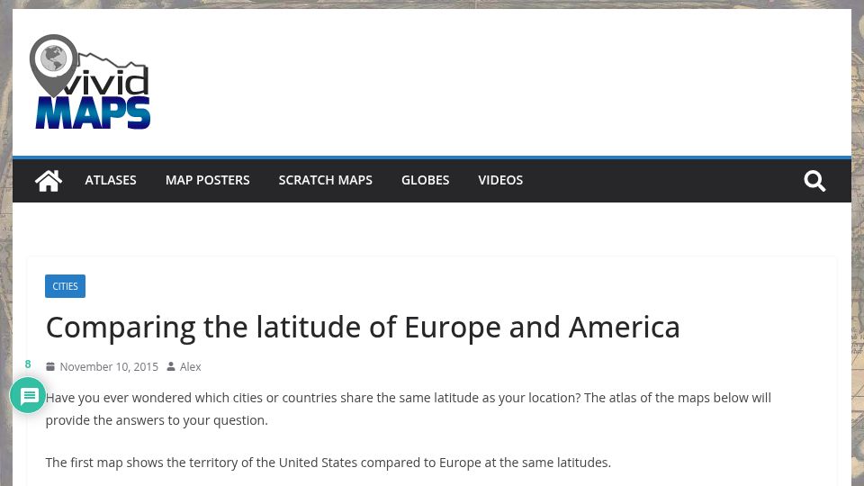 Screenshot of vividmaps.com: Comparing the Latitude of Europe and America