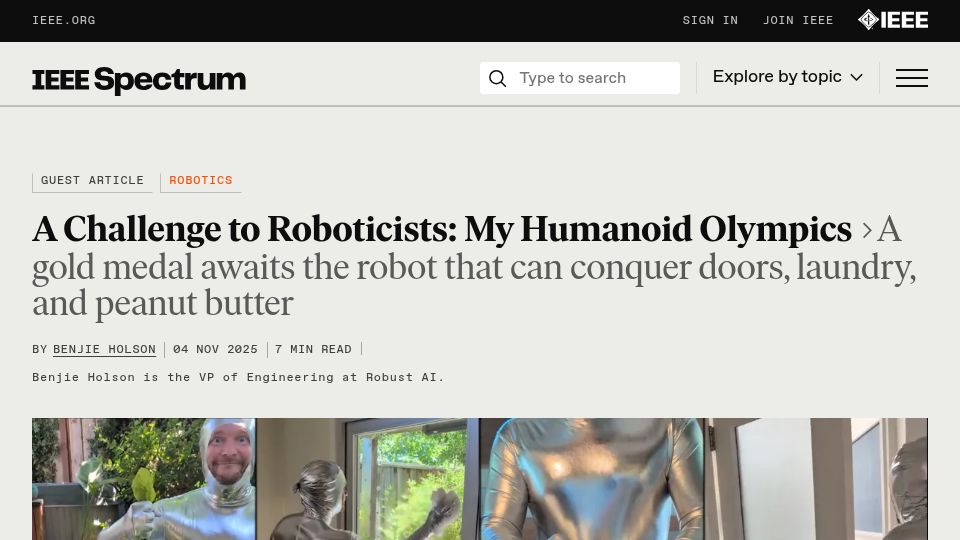 Screenshot of spectrum.ieee.org: A Challenge to Roboticists: My Humanoid Olympics