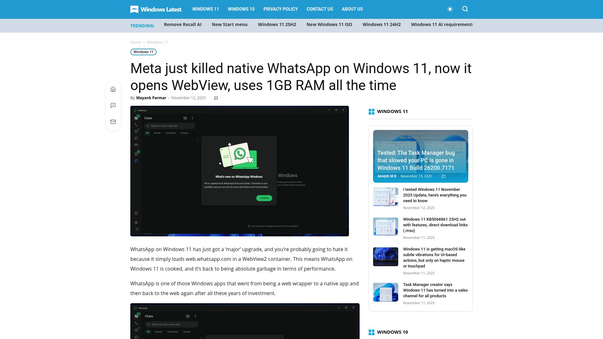 Screenshot of windowslatest.com: Meta replaces WhatsApp for Windows with web wrapper