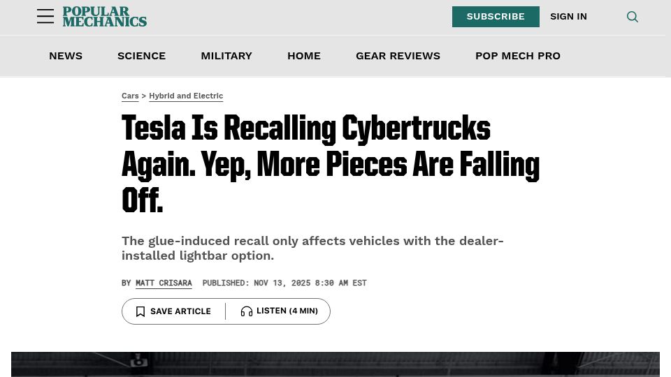 Screenshot of popularmechanics.com: Tesla Is Recalling Cybertrucks Again. Yep, More Pieces Are Falling Off