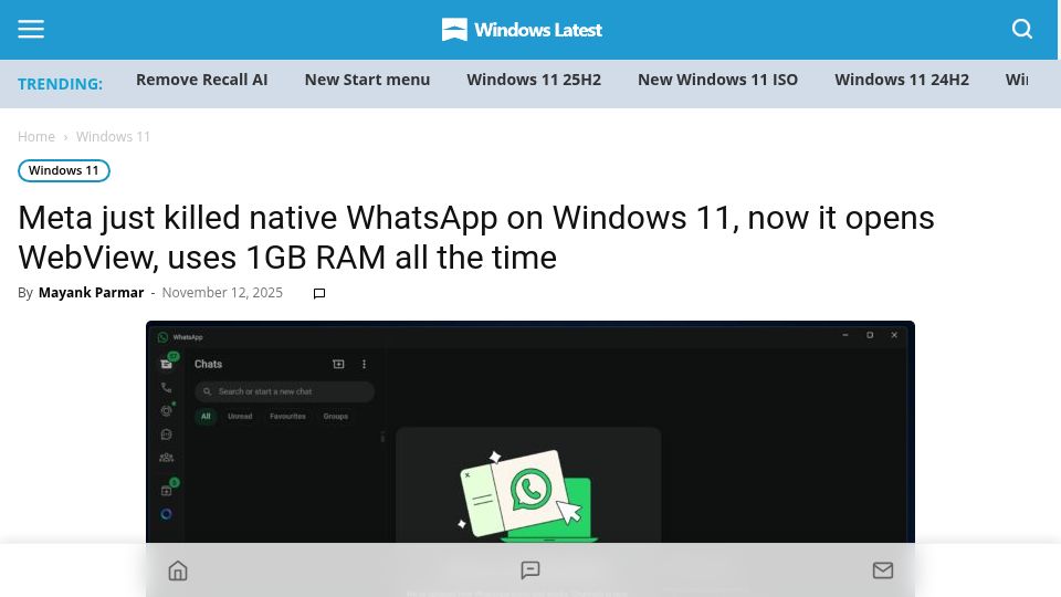 Screenshot of windowslatest.com: Meta replaces WhatsApp for Windows with web wrapper