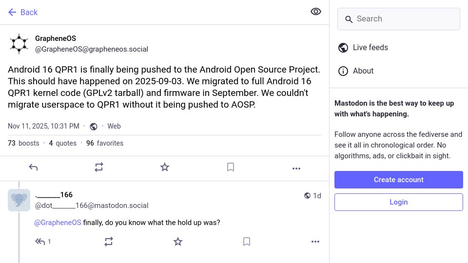 Screenshot of grapheneos.social: Android 16 QPR1 is being pushed to the Android Open Source Project