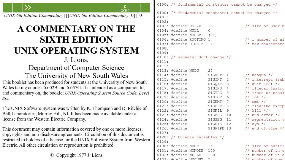 Screenshot of warsus.github.io: A Commentary on the Sixth Edition Unix Operating System (1977)