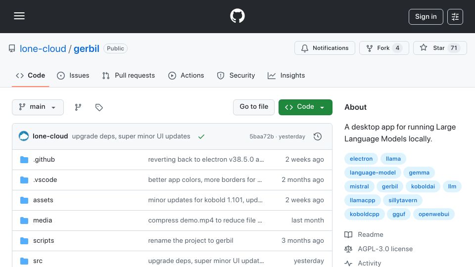 Screenshot of github.com: Show HN: Gerbil – an open source desktop app for running LLMs locally