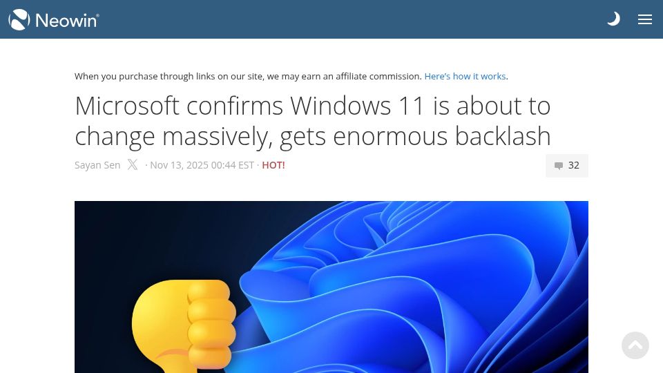 Screenshot of neowin.net: Microsoft confirms Windows 11 is about to change