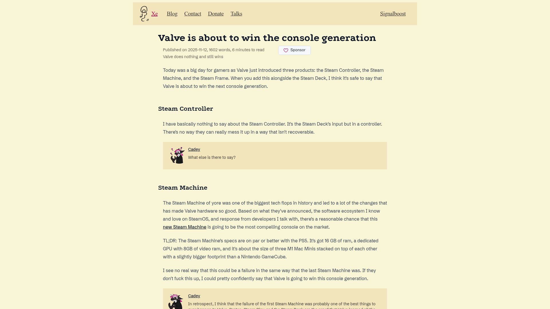 Screenshot of xeiaso.net: Valve is about to win the console generation