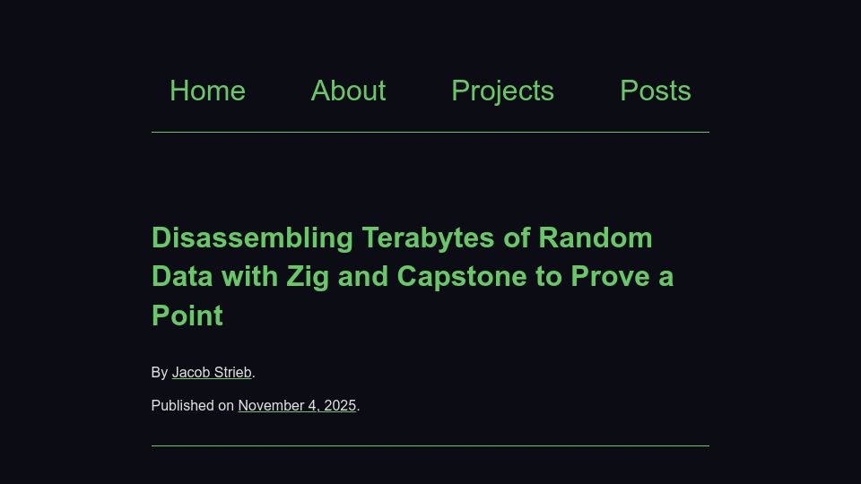 Screenshot of jstrieb.github.io: Disassembling terabytes of random data with Zig and Capstone to prove a point