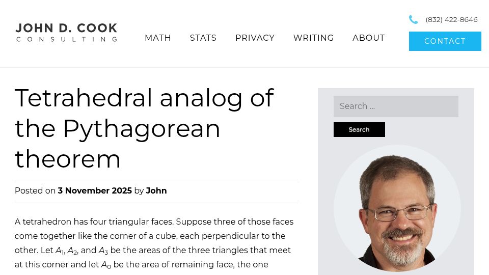 Screenshot of johndcook.com: Tetrahedral Analog of the Pythagorean Theorem