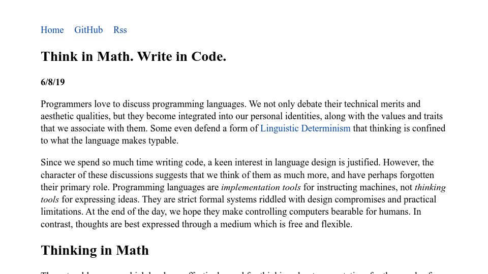 Screenshot of jmeiners.com: Think in math, write in code (2019)