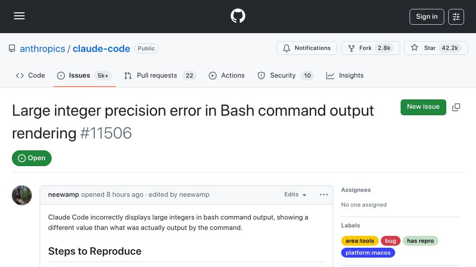 Screenshot of github.com: Large integer precision error in Bash command output rendering