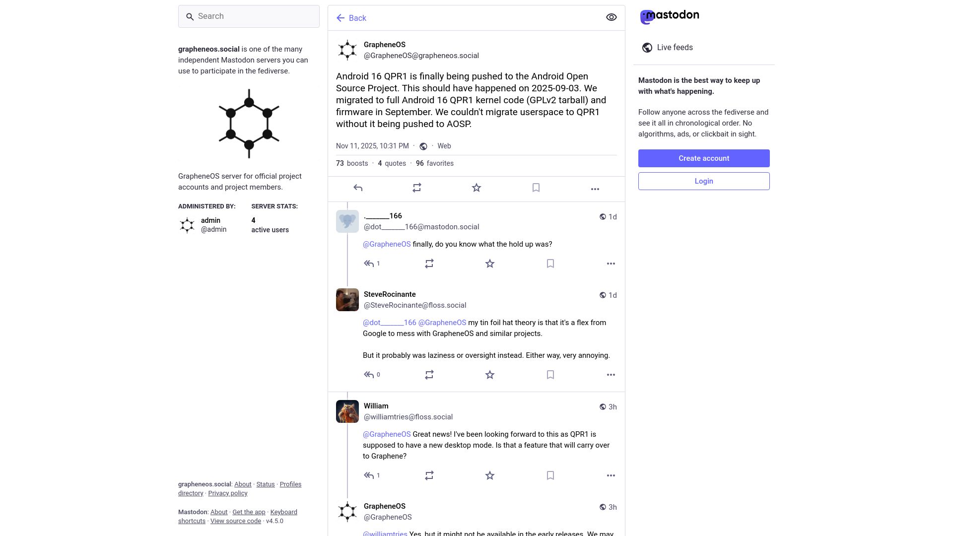 Screenshot of grapheneos.social: Android 16 QPR1 is being pushed to the Android Open Source Project