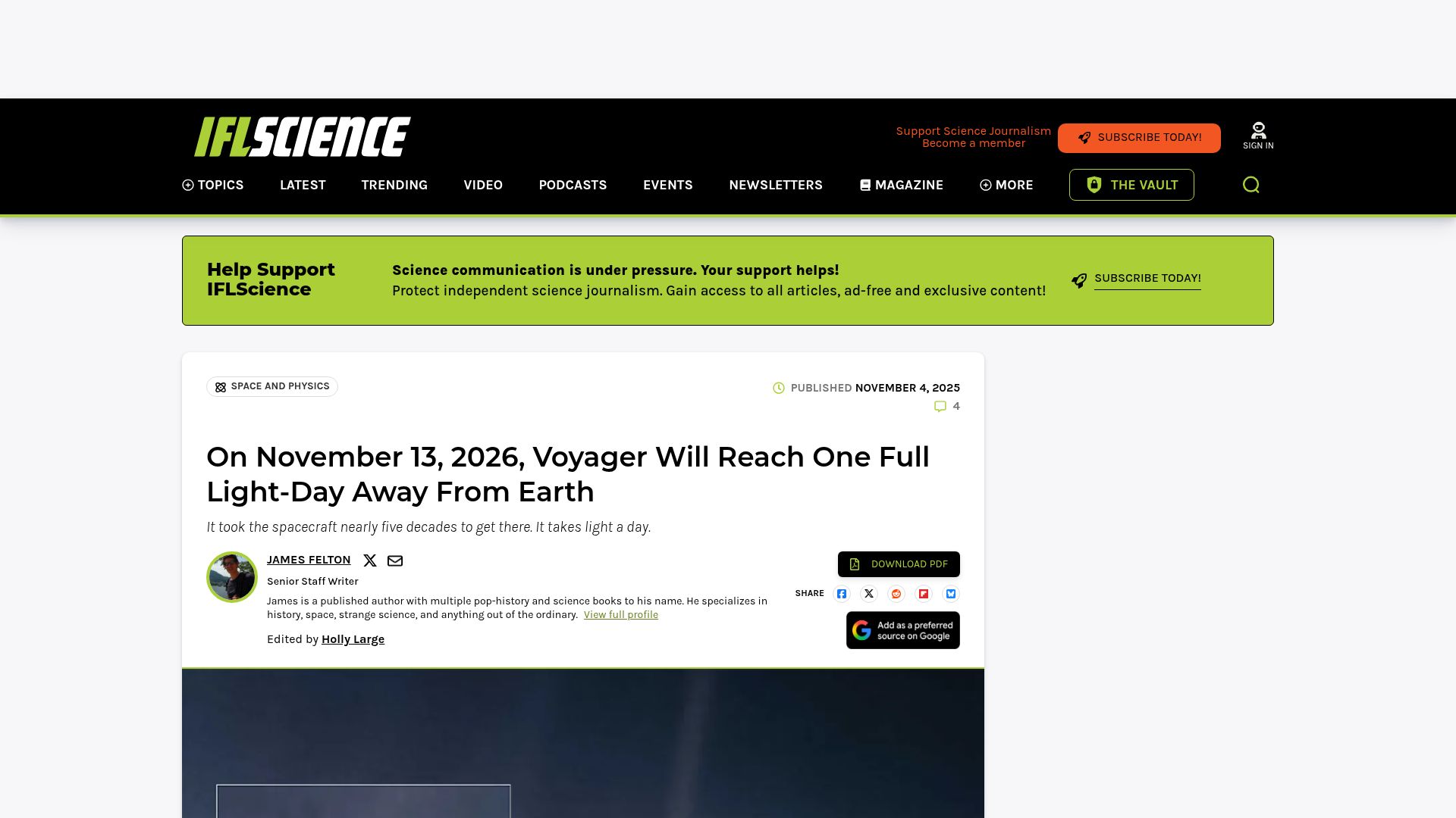 Screenshot of iflscience.com: Voyager 1 is a light-day away by November 2026
