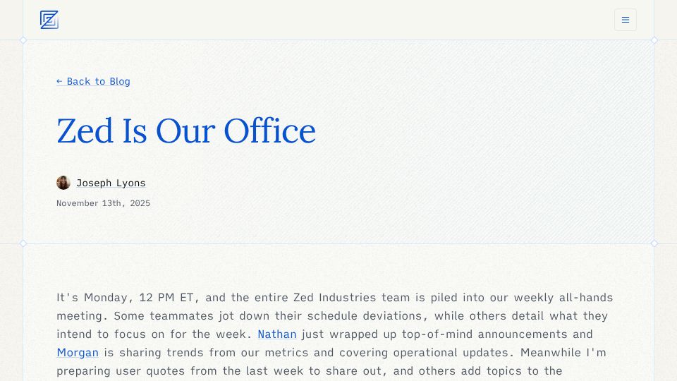 Screenshot of zed.dev: Zed is our office