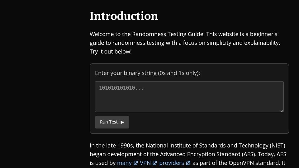 Screenshot of random.tastemaker.design: Randomness Testing Guide