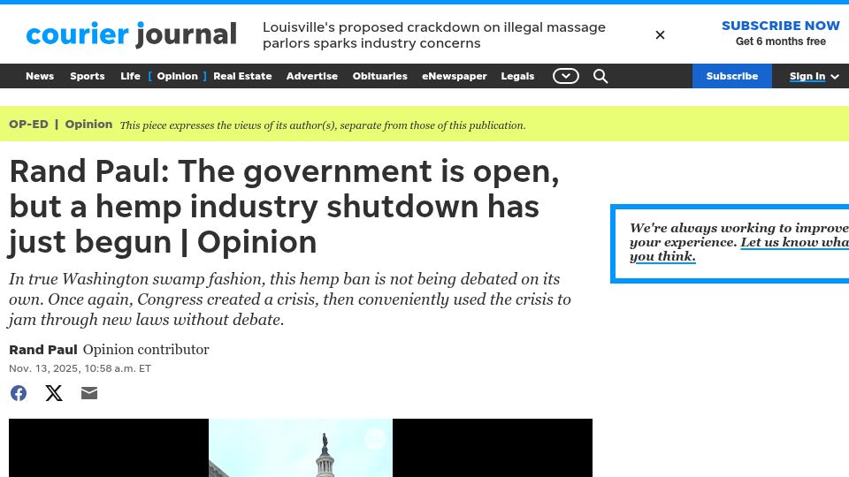 Screenshot of courier-journal.com: A hemp industry shutdown has just begun