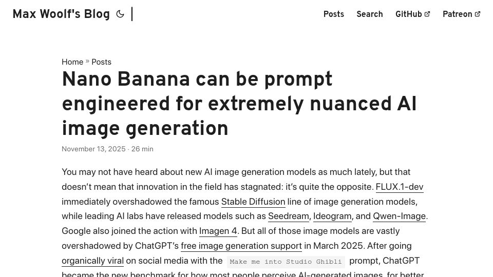 Screenshot of minimaxir.com: Nano Banana can be prompt engineered for nuanced AI image generation