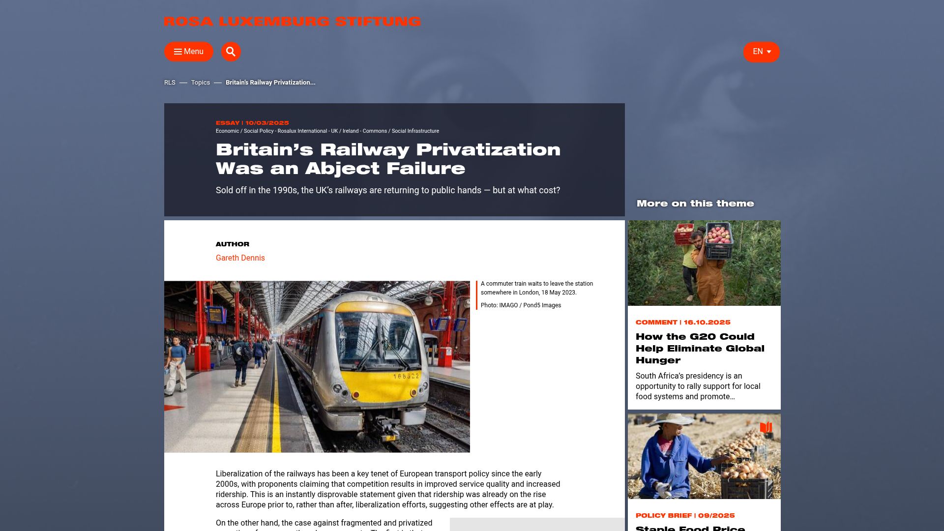 Screenshot of rosalux.de: Britain's railway privatization was an abject failure