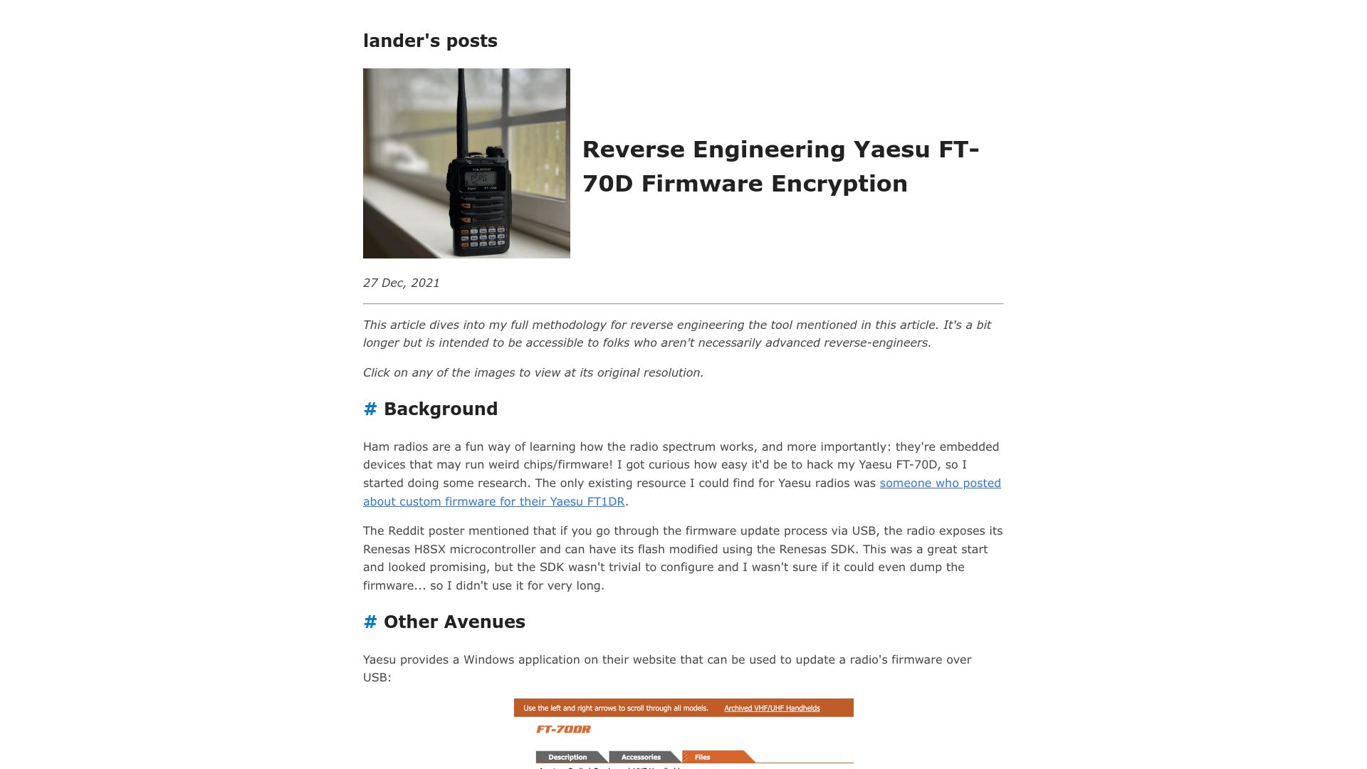 Screenshot of landaire.net: Reverse Engineering Yaesu FT-70D Firmware Encryption
